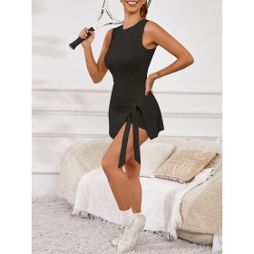 Womens High Neck Tennis Dress Sleeveless Wrap Skirt Built In Shorts Golf Athletic Dress Workout Rompers (Option: Black-S)